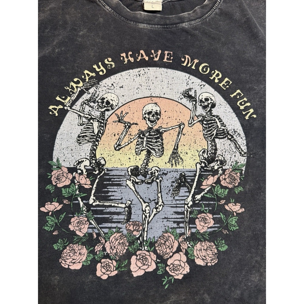 Vintage Style Dancing Skeletons & Roses Mineral Wash- Size Large Grunge/Fairy
